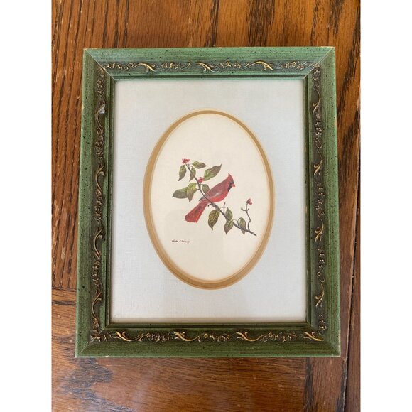 Vintage Framed Cardinal Bird Print By Charles T. Stuart Jr. In Ornate Green Gold - Picture 1 of 3